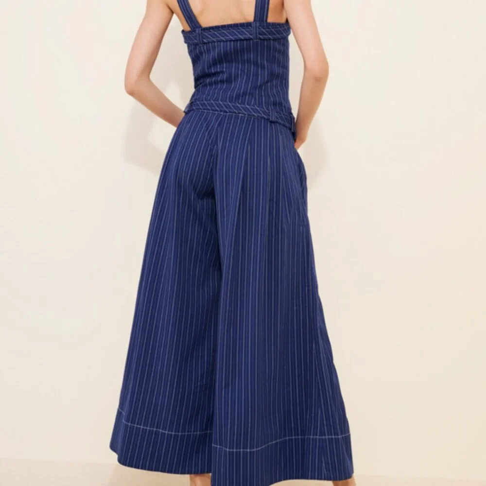 FREE PEOPLE Flores Jumpsuit CUTE! Pin stripes Wide Leg Vintage Denim Overalls S - Picture 11 of 12